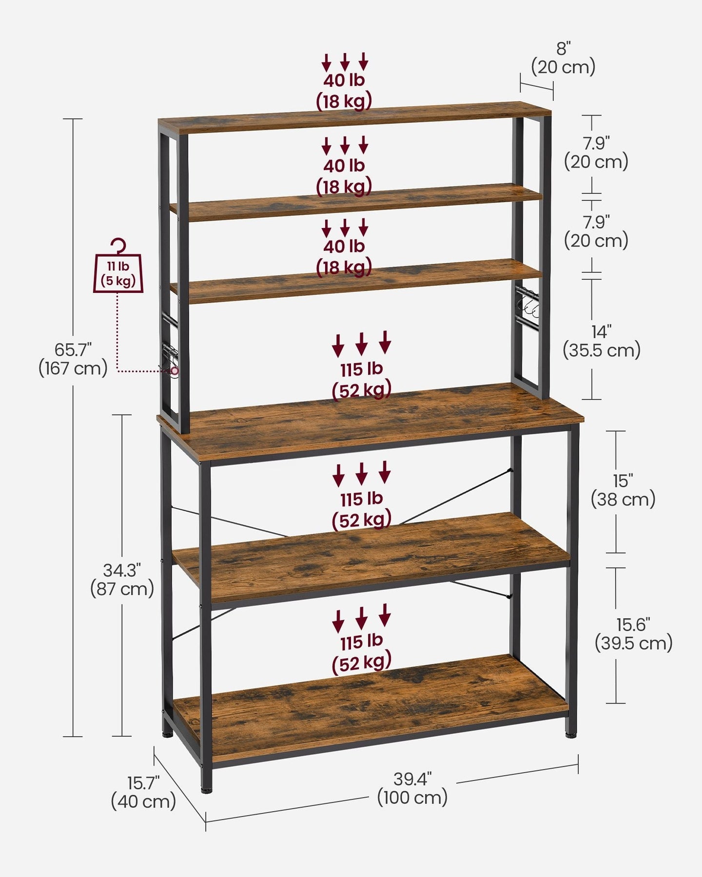 Kitchen Storage Rack - 6 Shelves and Hooks - Steel - Rustic Brown and Black