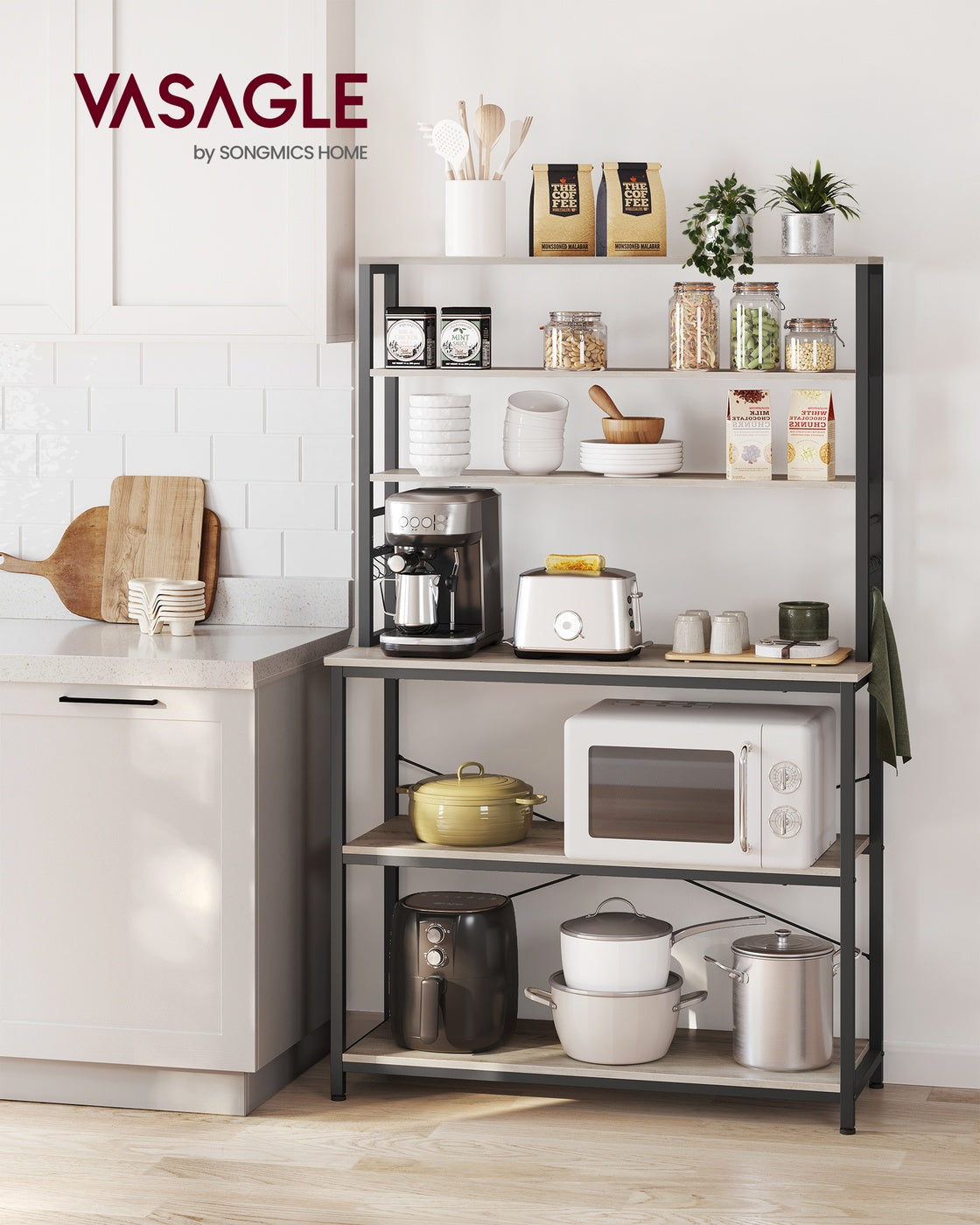 Baker’s Rack - Metal - Rustic Brown and Black - 6-Tier Kitchen Storage with Hooks