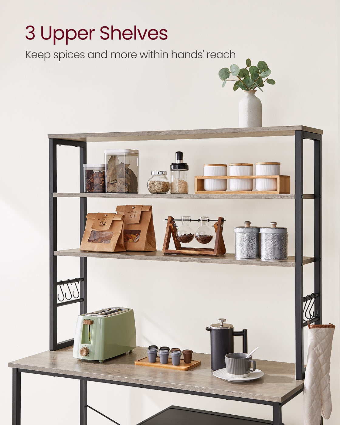 Kitchen Storage Rack - Steel - Heather Greige - 6 Shelves and 6 Hooks