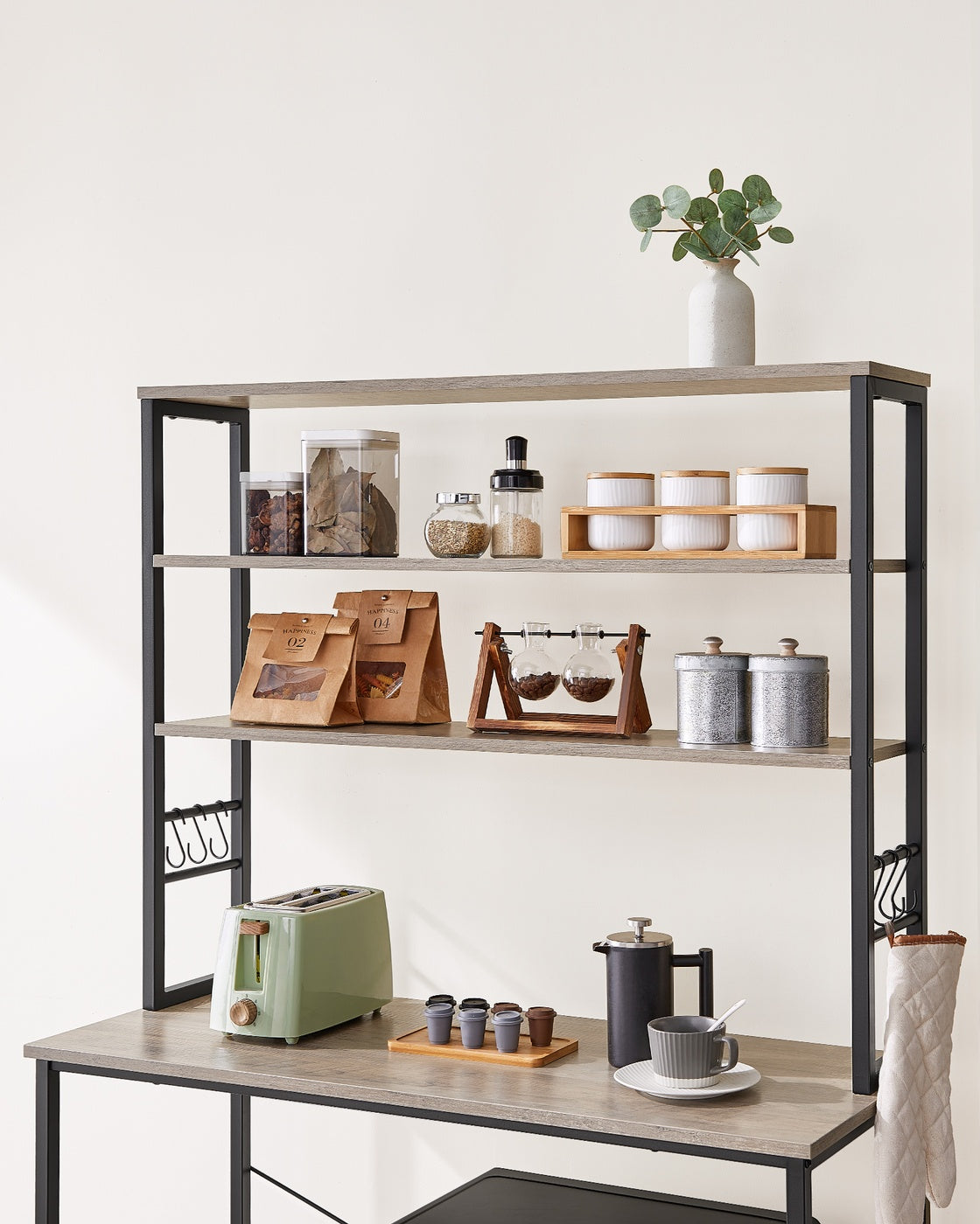 Baker’s Rack - Metal - Rustic Brown and Black - 6-Tier Kitchen Storage with Hooks