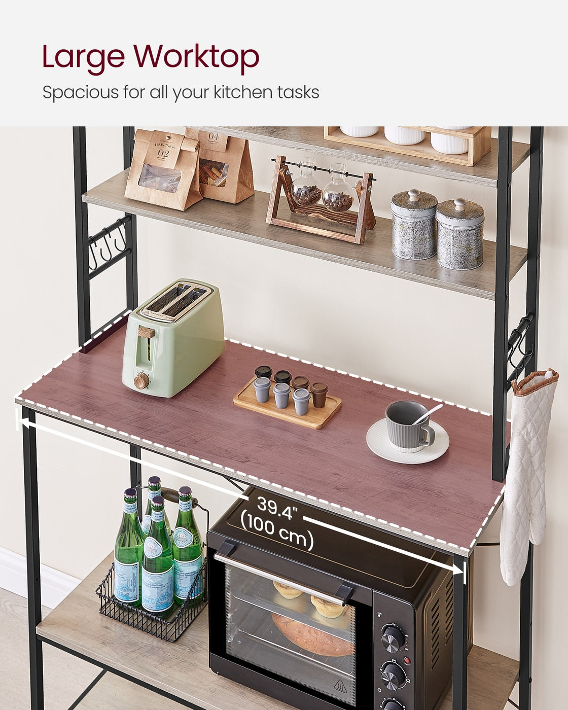 Kitchen Storage Rack - Steel - Heather Greige - 6 Shelves and 6 Hooks