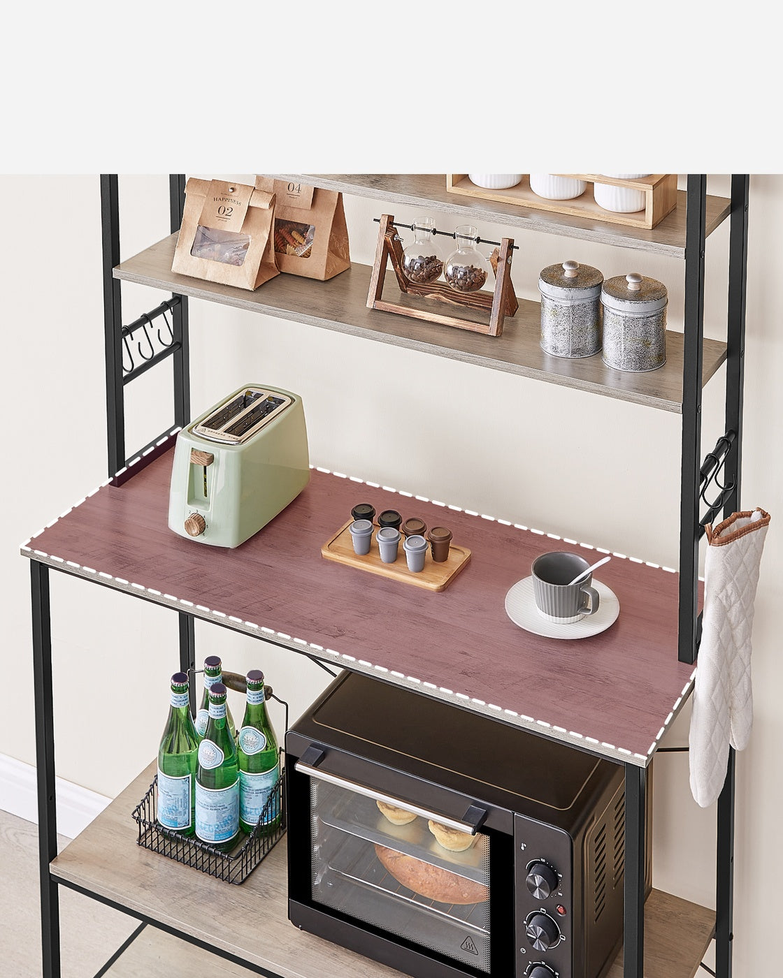 Baker’s Rack - Metal - Rustic Brown and Black - 6-Tier Kitchen Storage with Hooks