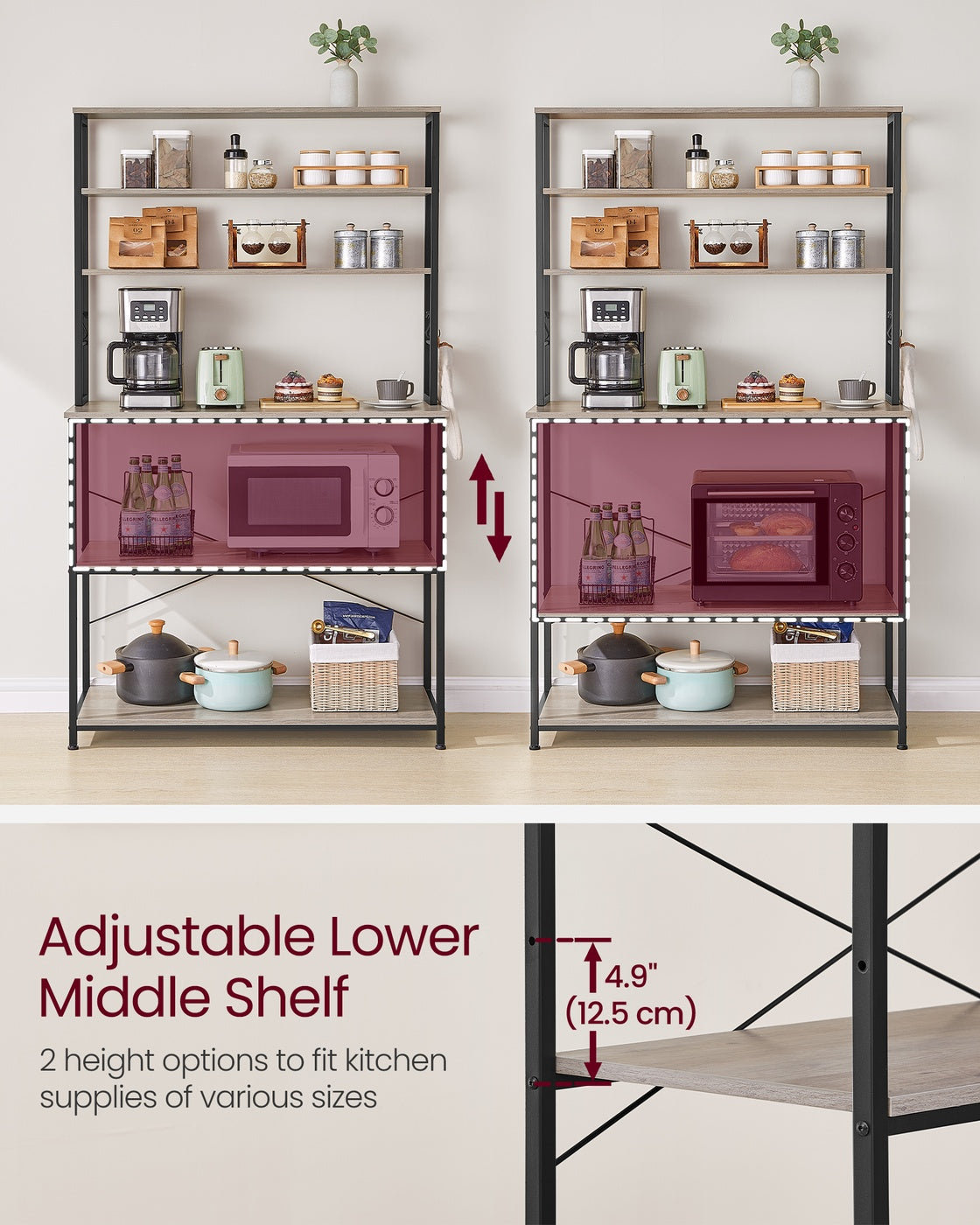 Kitchen Storage Rack - Steel - Heather Greige - 6 Shelves and 6 Hooks