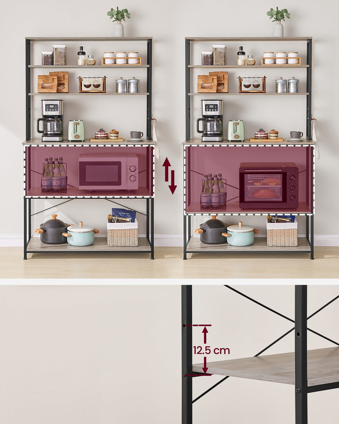 Baker’s Rack - Metal - Rustic Brown and Black - 6-Tier Kitchen Storage with Hooks