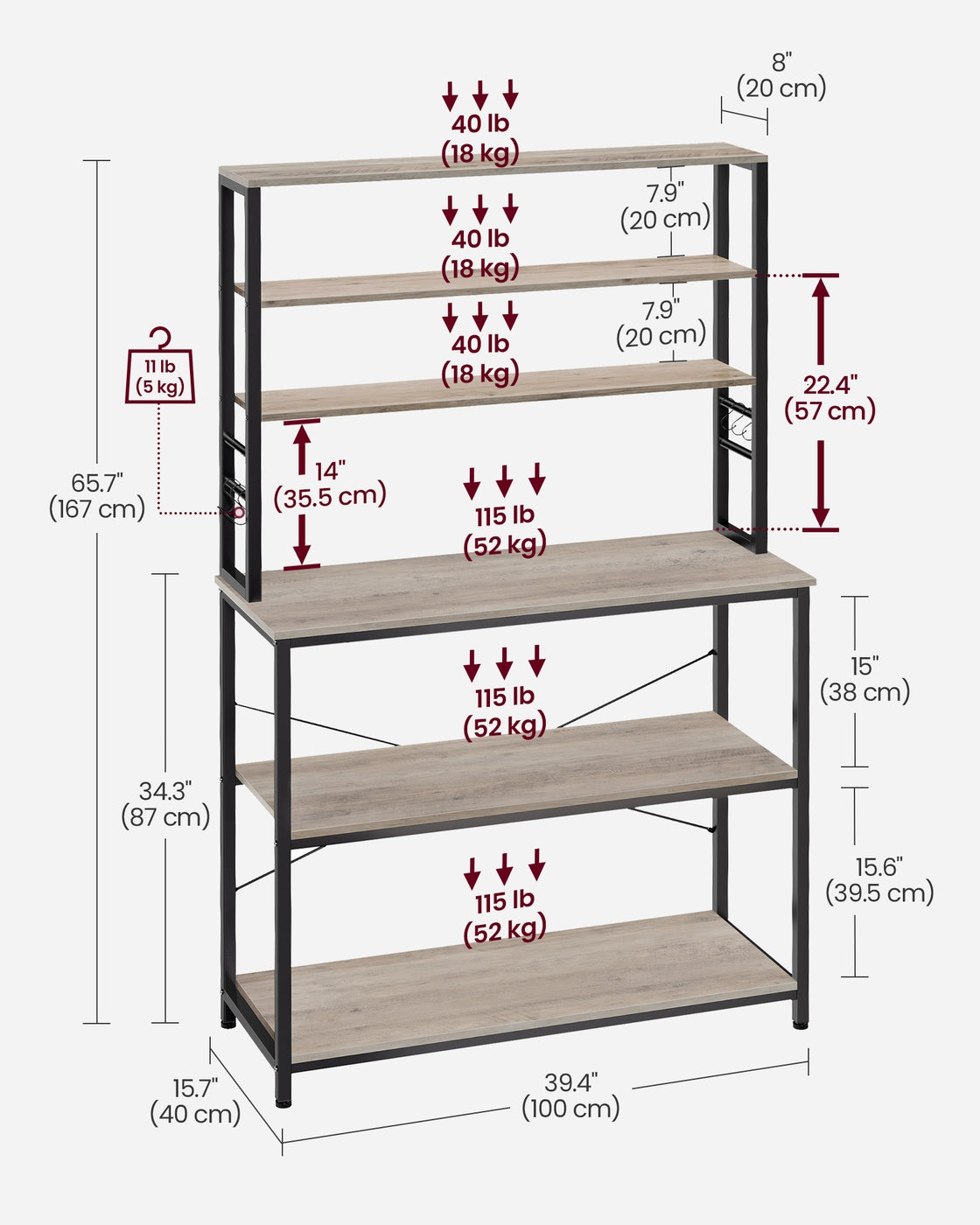 Kitchen Storage Rack - Steel - Heather Greige - 6 Shelves and 6 Hooks