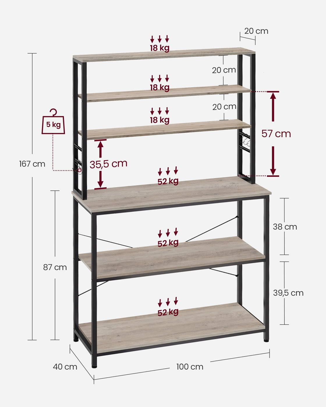 Baker’s Rack - Metal - Rustic Brown and Black - 6-Tier Kitchen Storage with Hooks