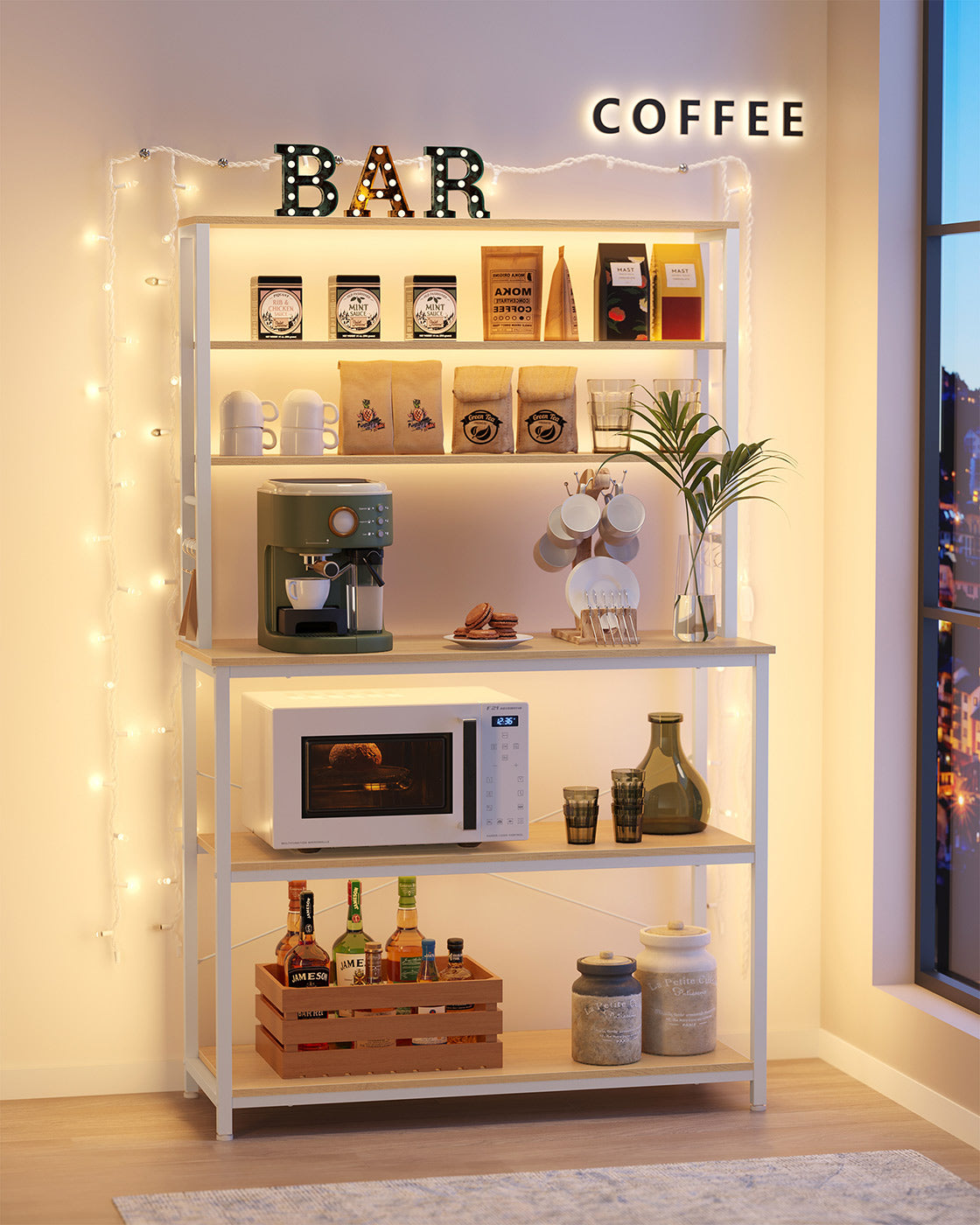 Kitchen Storage Rack - 6 Shelves and 6 Hooks - Steel - Oak and White