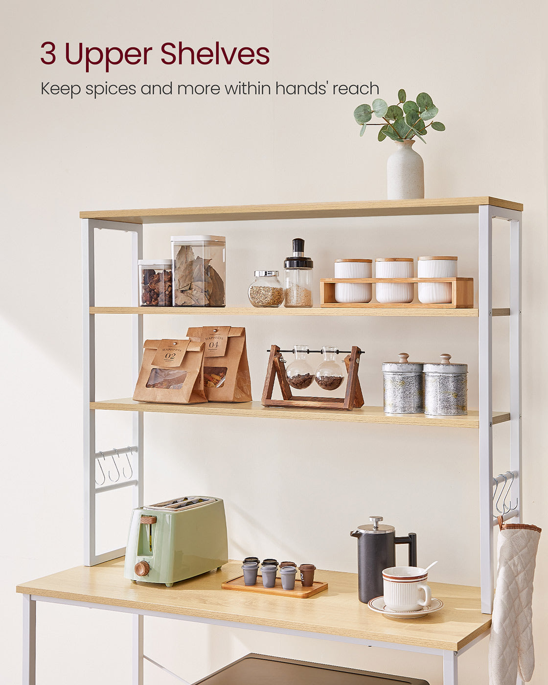 Kitchen Storage Rack - 6 Shelves and 6 Hooks - Steel - Oak and White