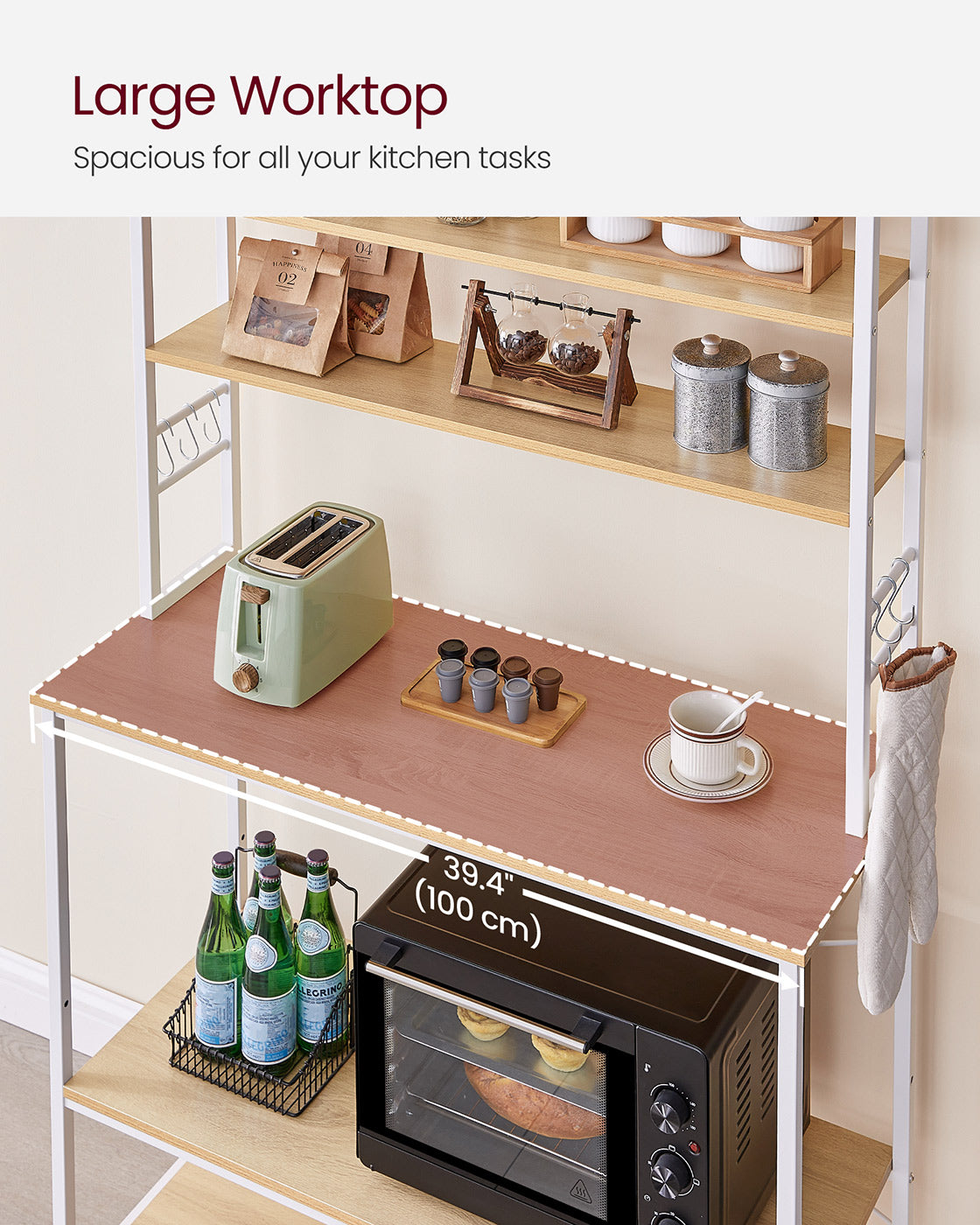 Kitchen Storage Rack - 6 Shelves and 6 Hooks - Steel - Oak and White