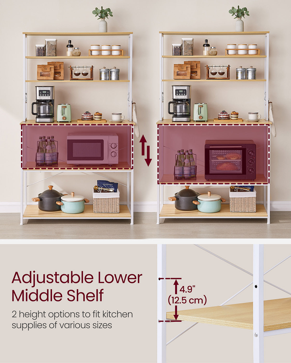 Kitchen Storage Rack - 6 Shelves and 6 Hooks - Steel - Oak and White