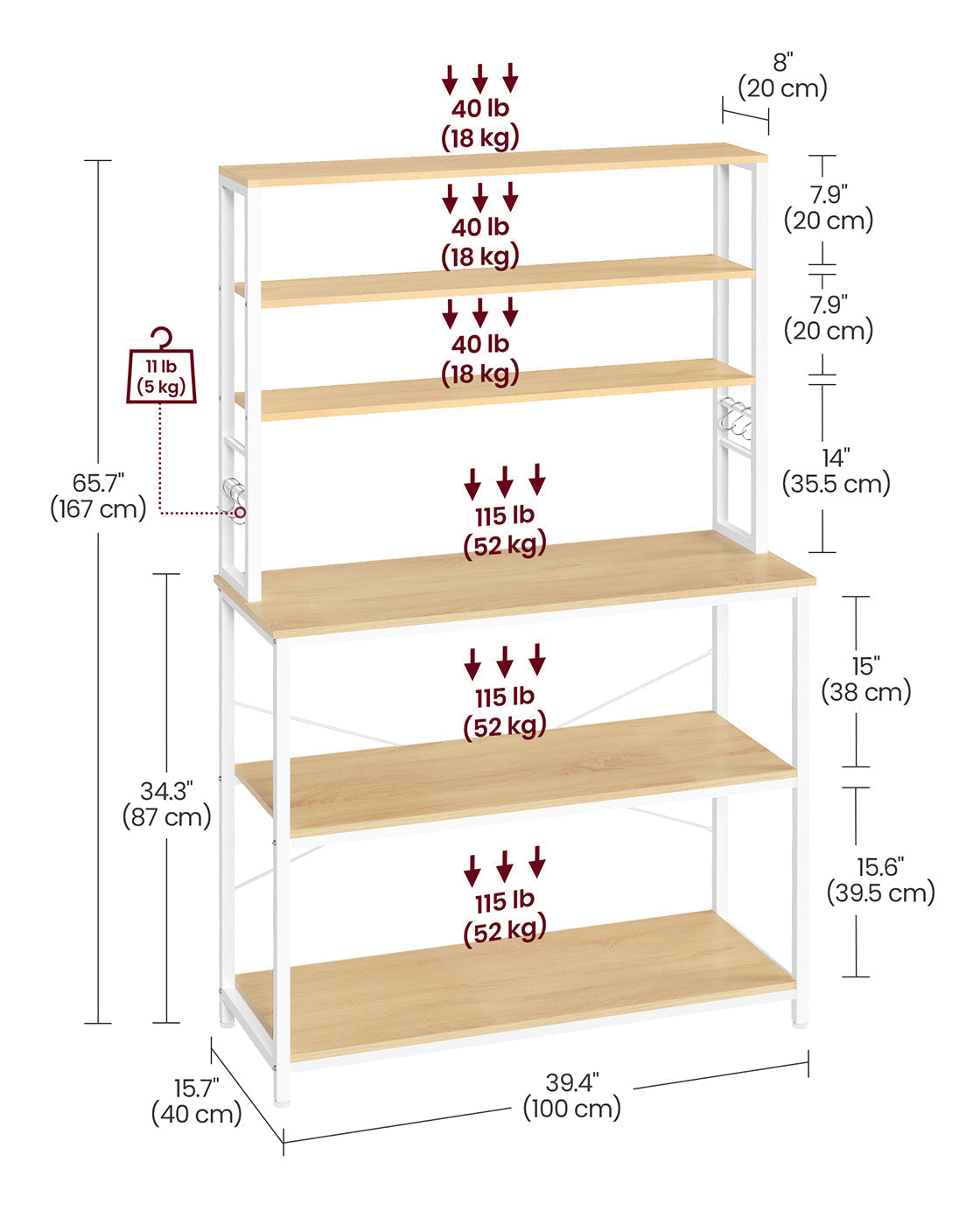 Kitchen Storage Rack - 6 Shelves and 6 Hooks - Steel - Oak and White
