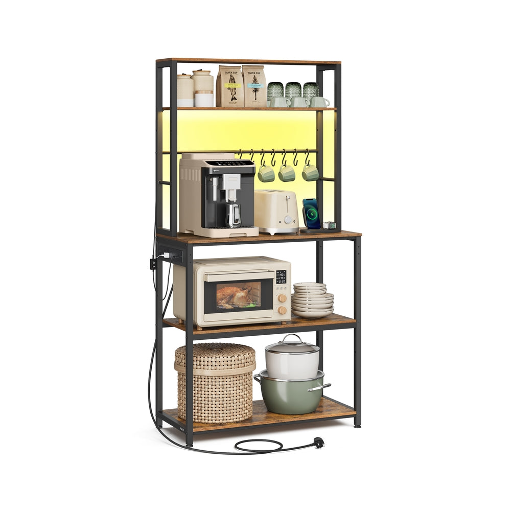 Coffee Bar - Wood - Rustic Brown - With LED Lights and Adjustable Shelves