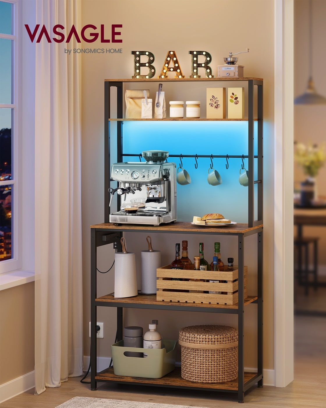 Coffee Bar - Wood - Rustic Brown - With LED Lights and Adjustable Shelves