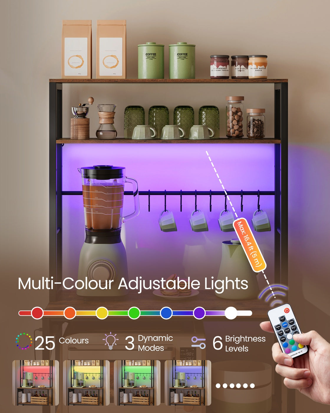 Coffee Bar - Wood - Rustic Brown - With LED Lights and Adjustable Shelves
