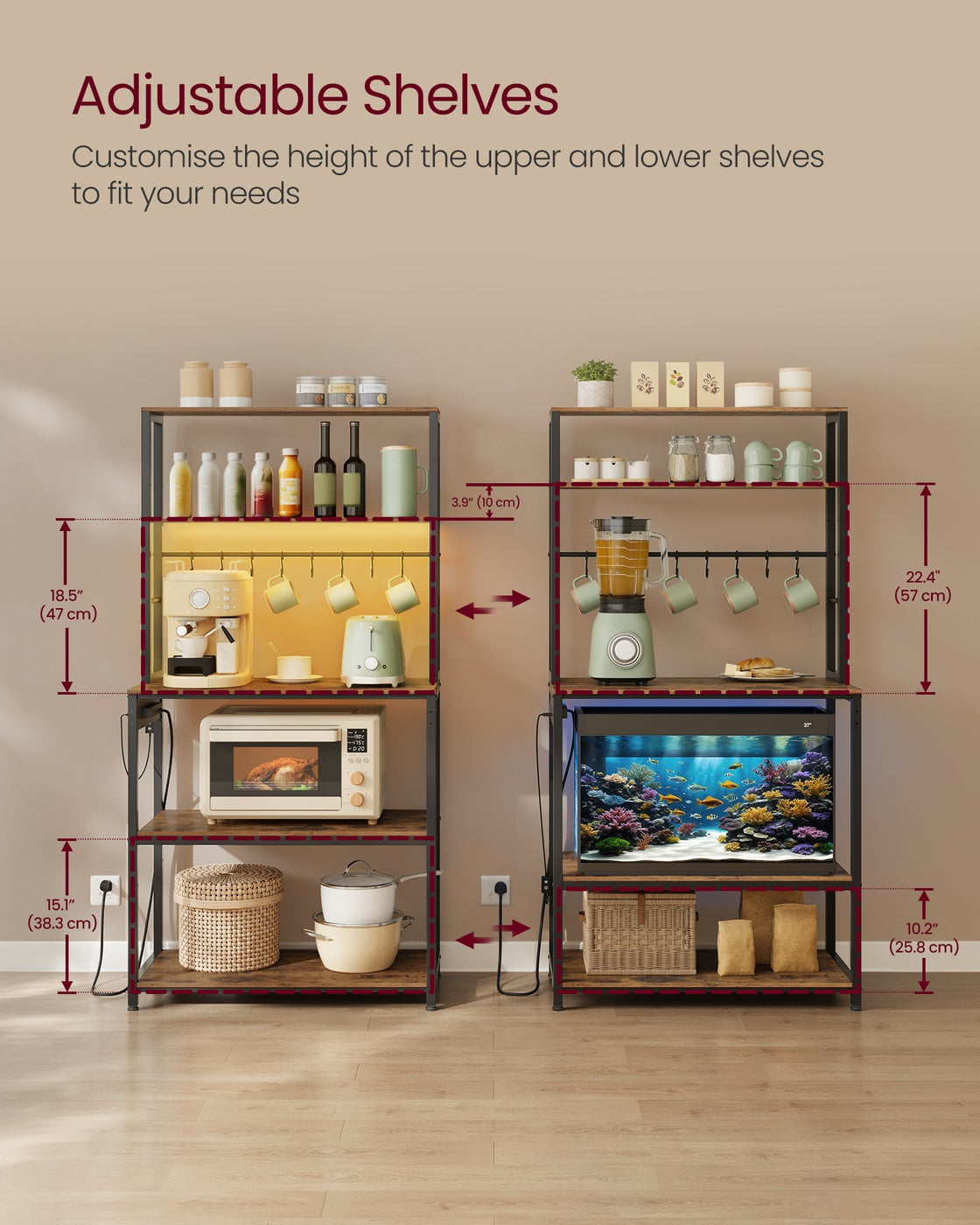 Coffee Bar - Wood - Rustic Brown - With LED Lights and Adjustable Shelves