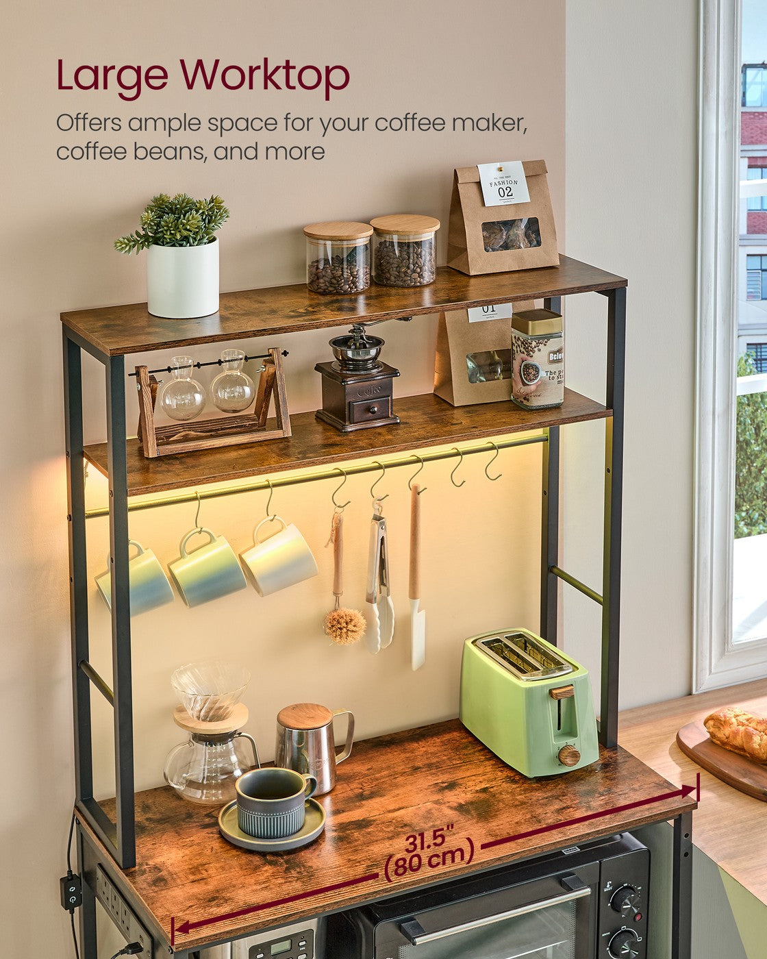 Coffee Bar - Wood - Rustic Brown - With LED Lights and Adjustable Shelves