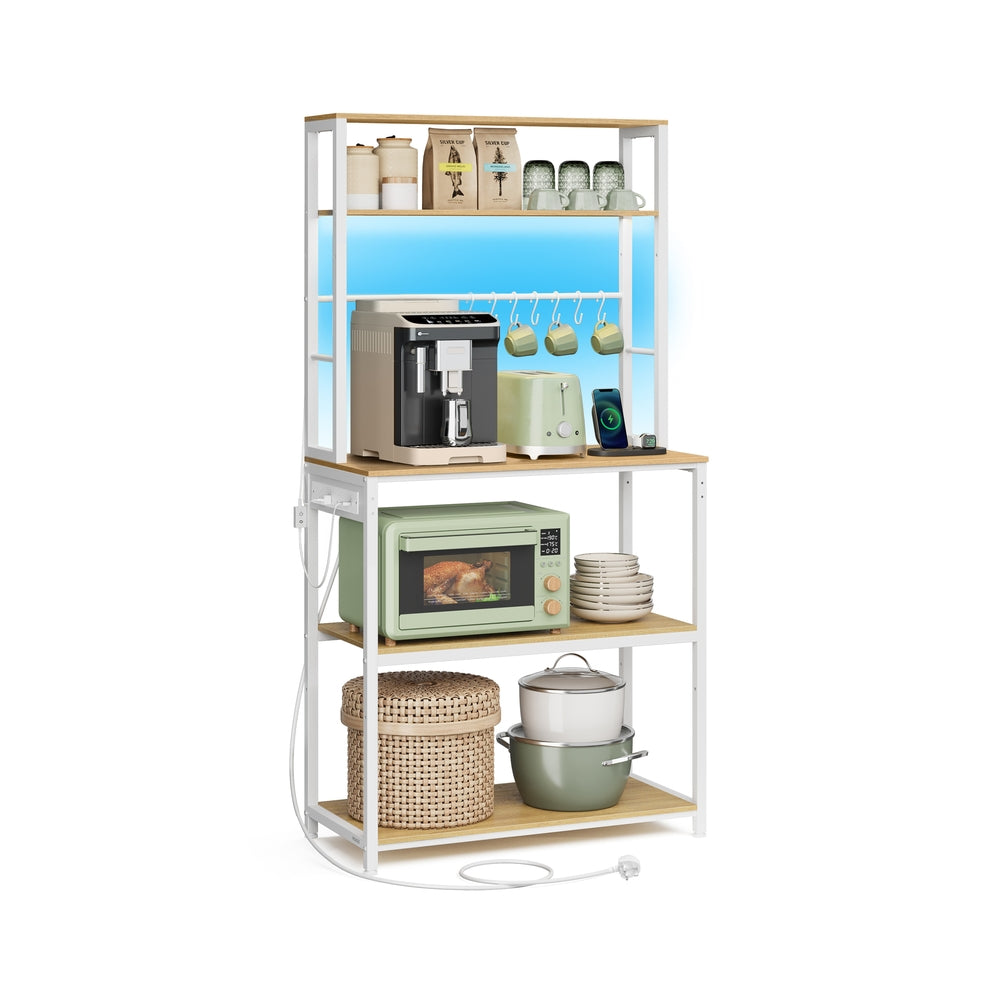 Coffee Bar - Wood - Rustic Brown - With LED Lights and Adjustable Shelves