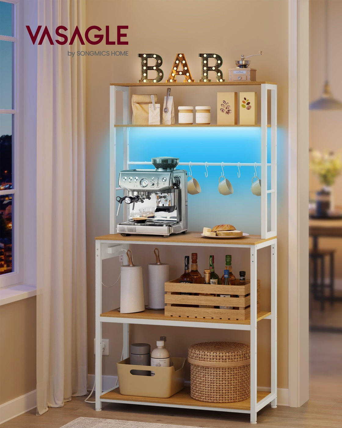 Coffee Bar - Wood - Rustic Brown - With LED Lights and Adjustable Shelves