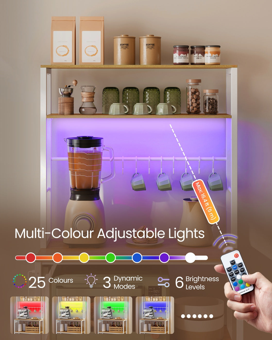 Coffee Bar - Wood - Rustic Brown - With LED Lights and Adjustable Shelves