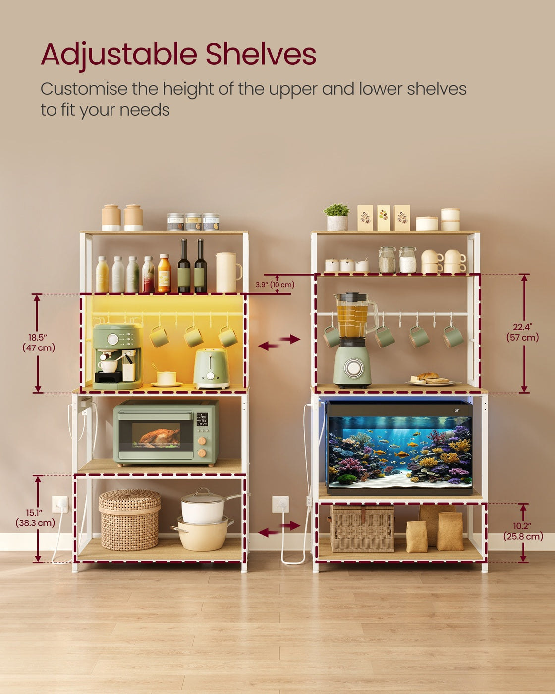 Coffee Bar - Wood - Rustic Brown - With LED Lights and Adjustable Shelves