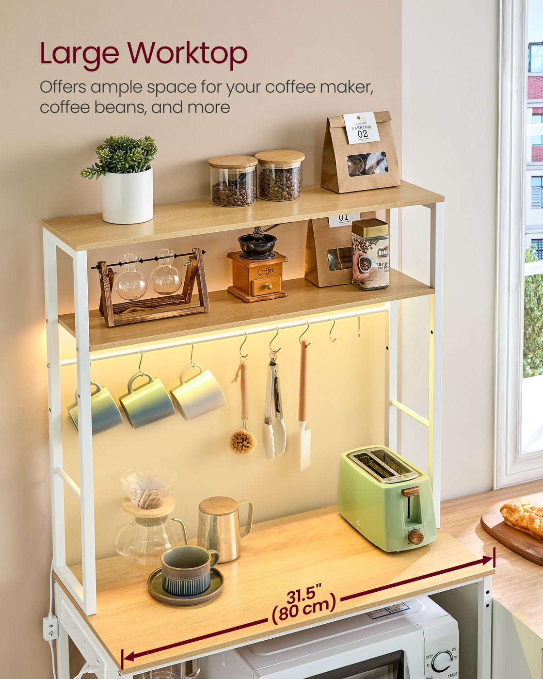Coffee Bar - Wood - Rustic Brown - With LED Lights and Adjustable Shelves