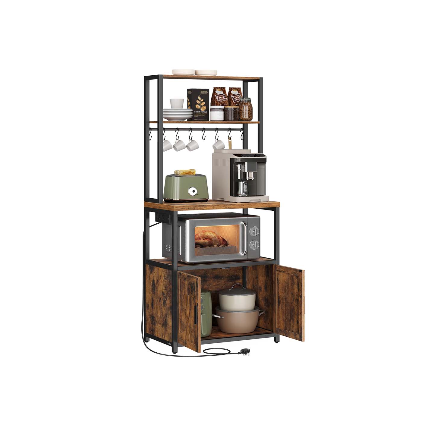 Bakers Rack - Wood - Rustic Brown - Coffee Bar Cabinet with Power Outlet and Hooks