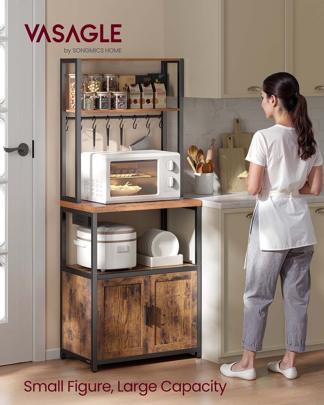 Bakers Rack - Wood - Rustic Brown - Coffee Bar Cabinet with Power Outlet and Hooks
