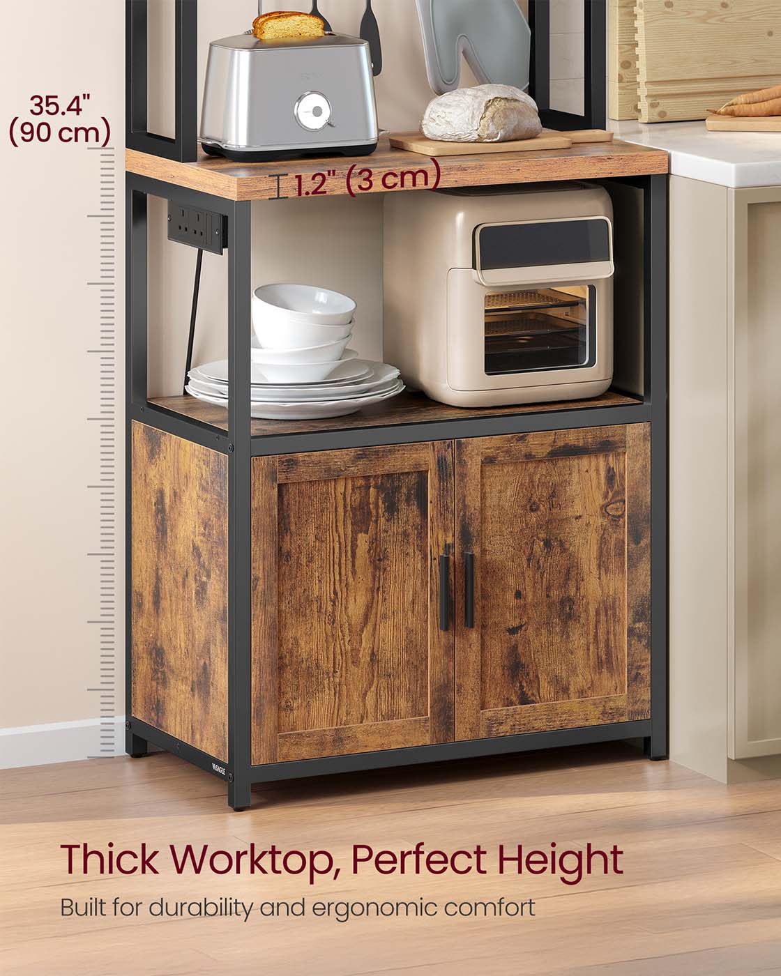 Bakers Rack - Wood - Rustic Brown - Coffee Bar Cabinet with Power Outlet and Hooks