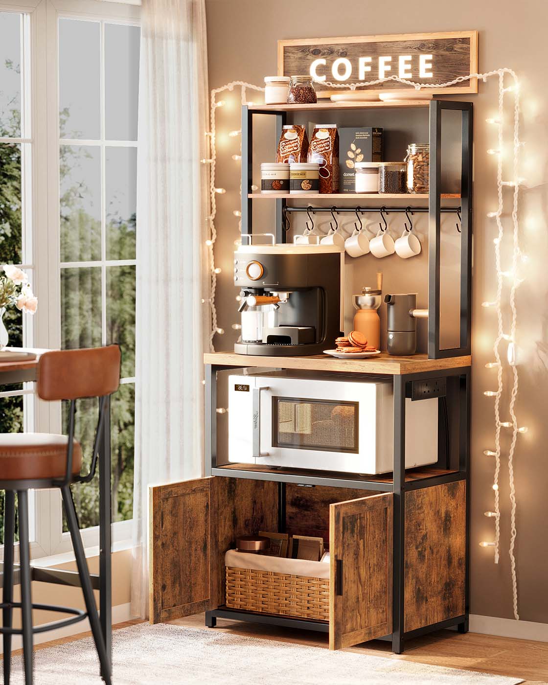 Bakers Rack - Wood - Rustic Brown - Coffee Bar Cabinet with Power Outlet and Hooks