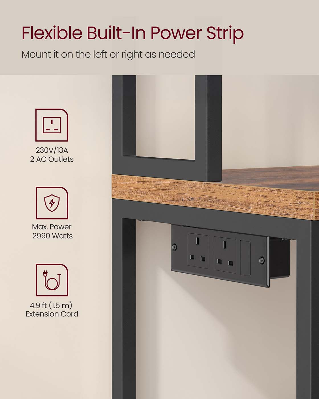 Bakers Rack - Wood - Rustic Brown - Coffee Bar Cabinet with Power Outlet and Hooks