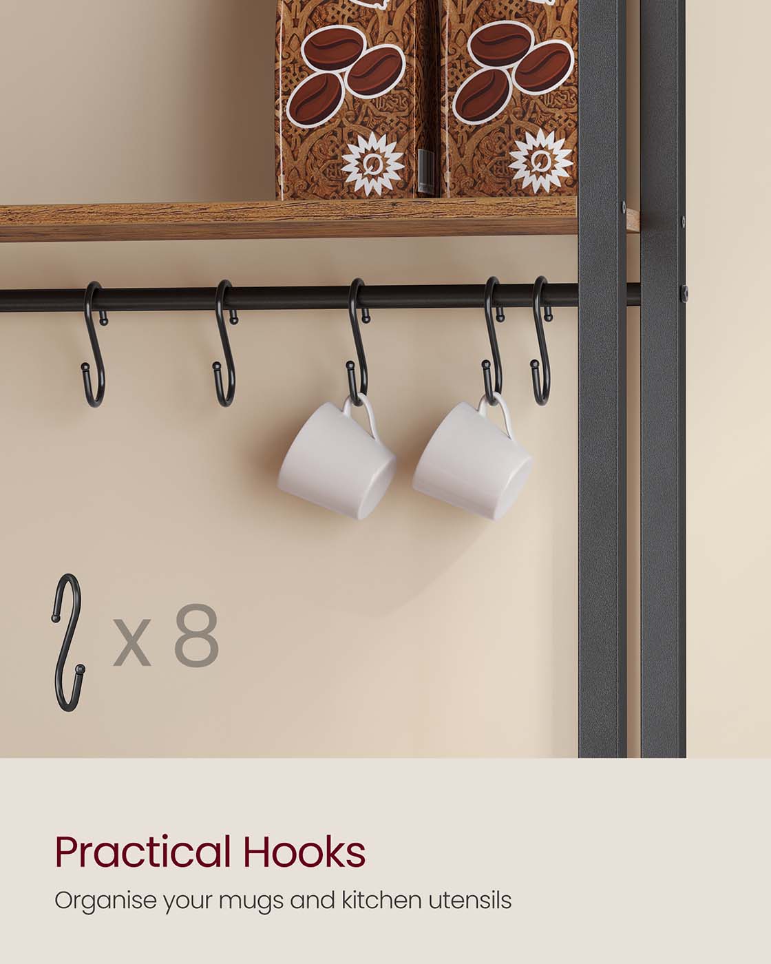 Bakers Rack - Wood - Rustic Brown - Coffee Bar Cabinet with Power Outlet and Hooks