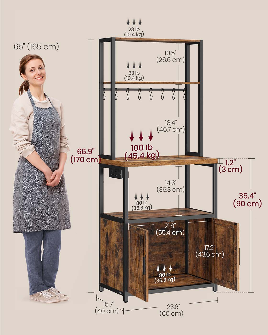 Bakers Rack - Wood - Rustic Brown - Coffee Bar Cabinet with Power Outlet and Hooks