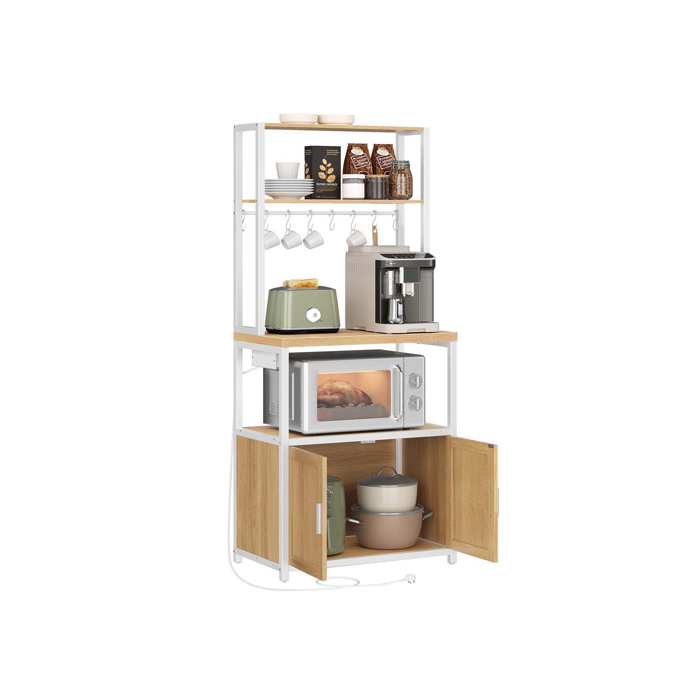 Bakers Rack - Wood - Rustic Brown - Coffee Bar Cabinet with Power Outlet and Hooks