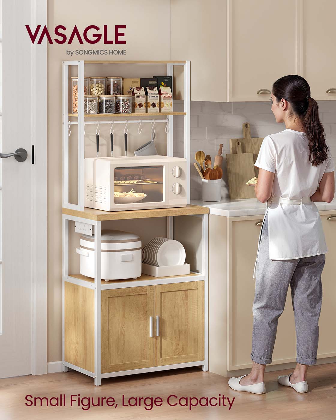 Bakers Rack - Wood - Rustic Brown - Coffee Bar Cabinet with Power Outlet and Hooks