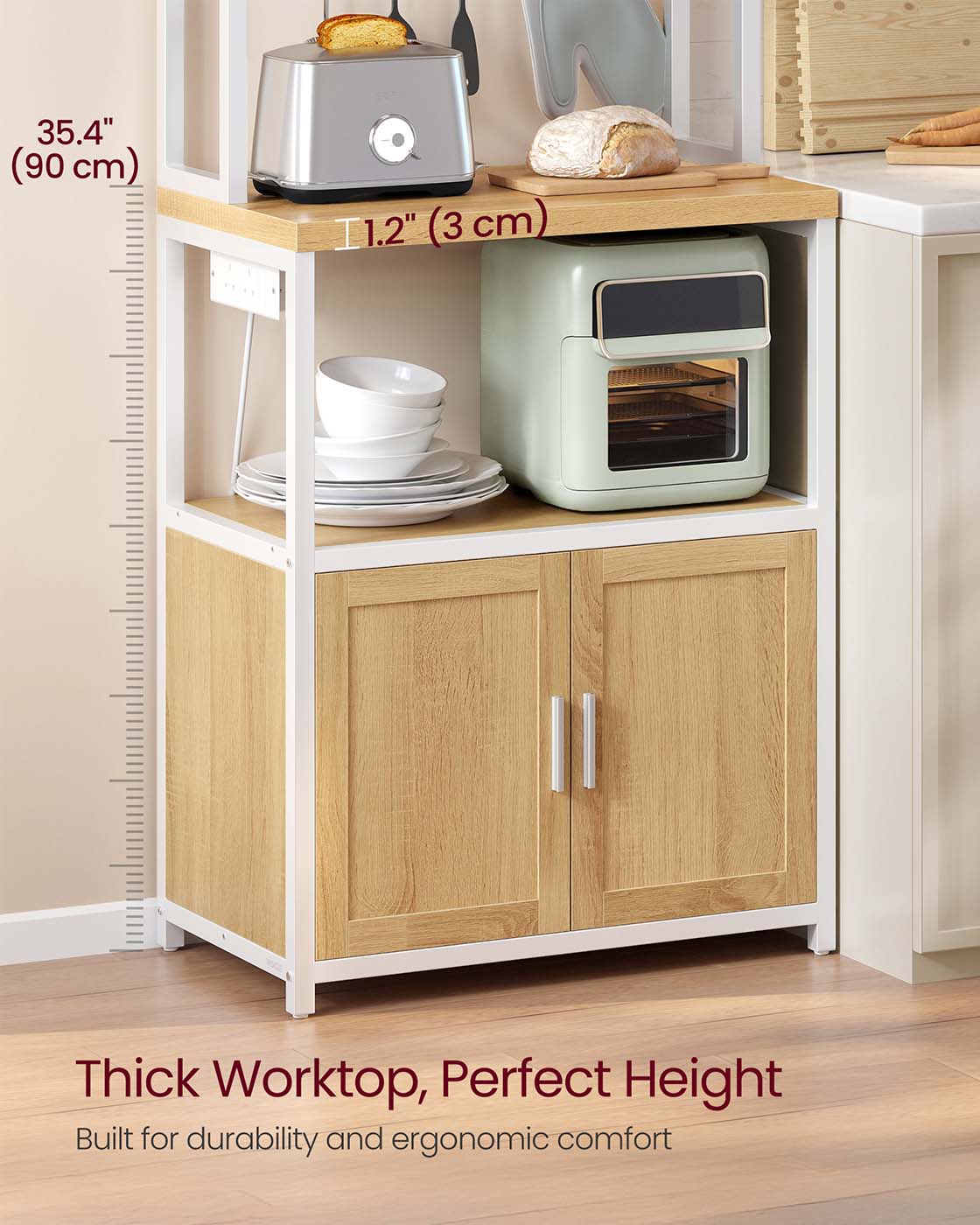 Bakers Rack - Wood - Rustic Brown - Coffee Bar Cabinet with Power Outlet and Hooks