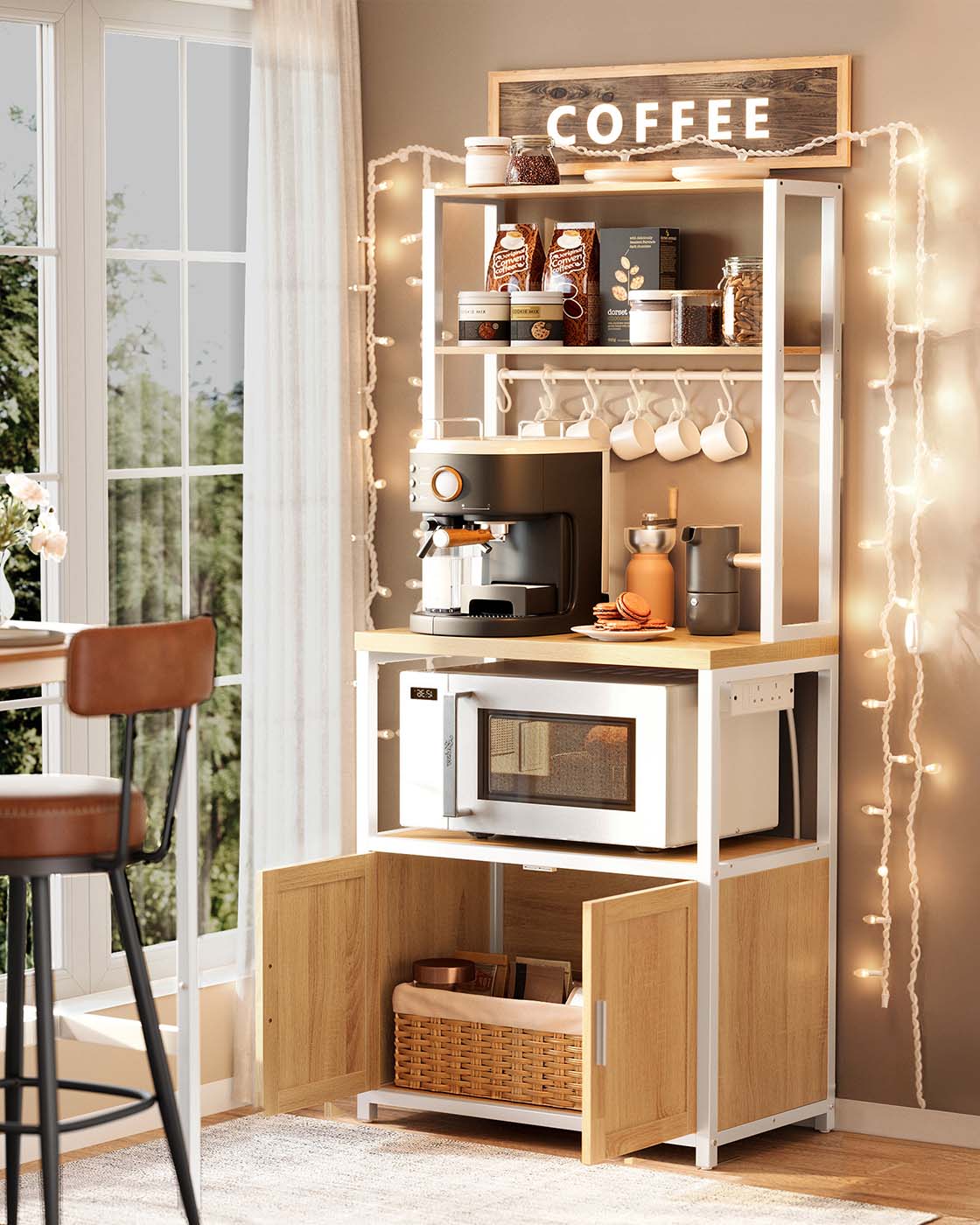 Bakers Rack - Wood - Rustic Brown - Coffee Bar Cabinet with Power Outlet and Hooks