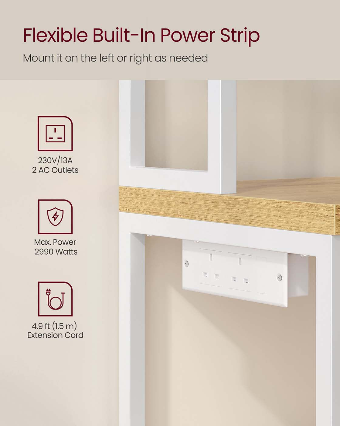 Bakers Rack - Wood - Rustic Brown - Coffee Bar Cabinet with Power Outlet and Hooks