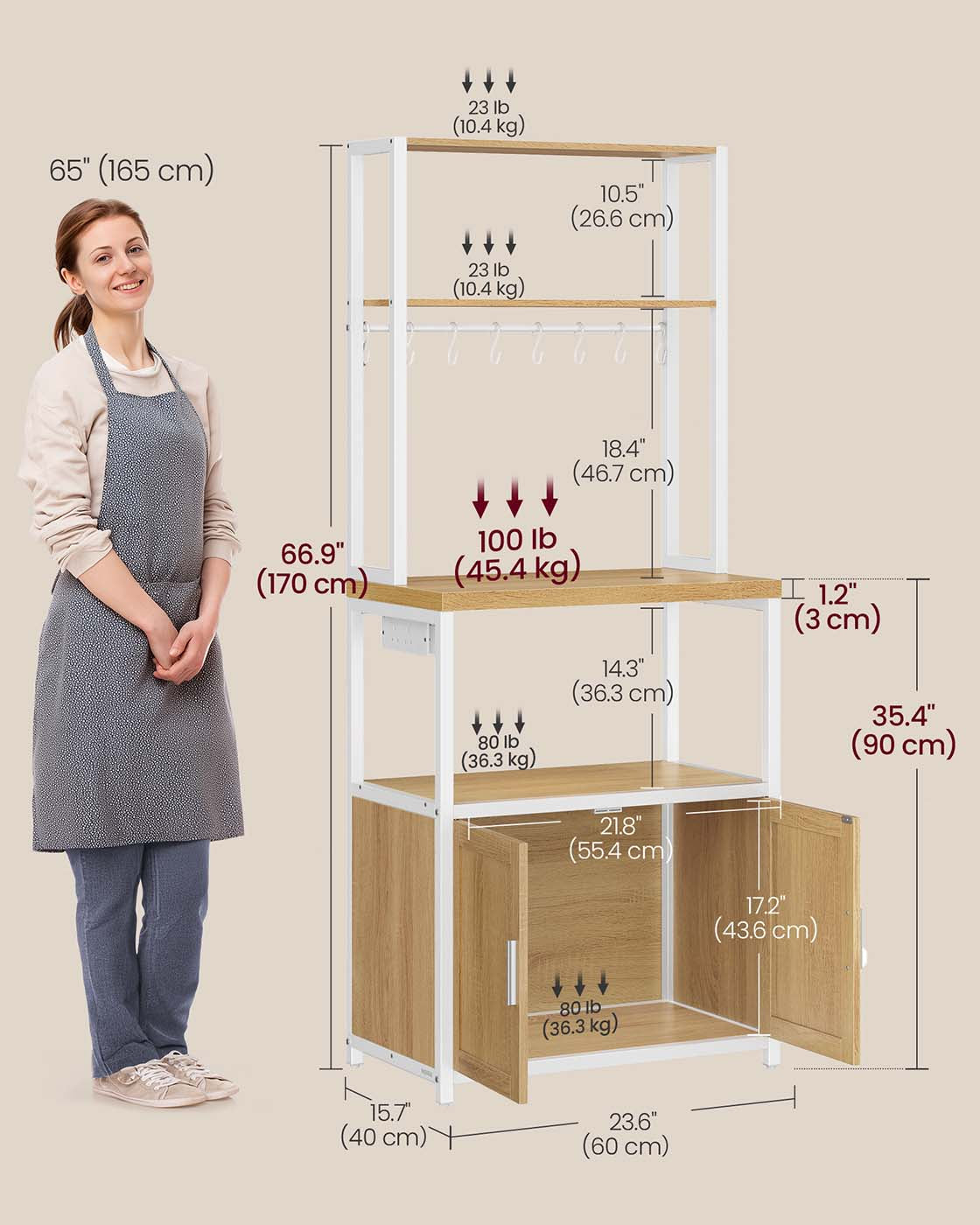 Bakers Rack - Wood - Rustic Brown - Coffee Bar Cabinet with Power Outlet and Hooks
