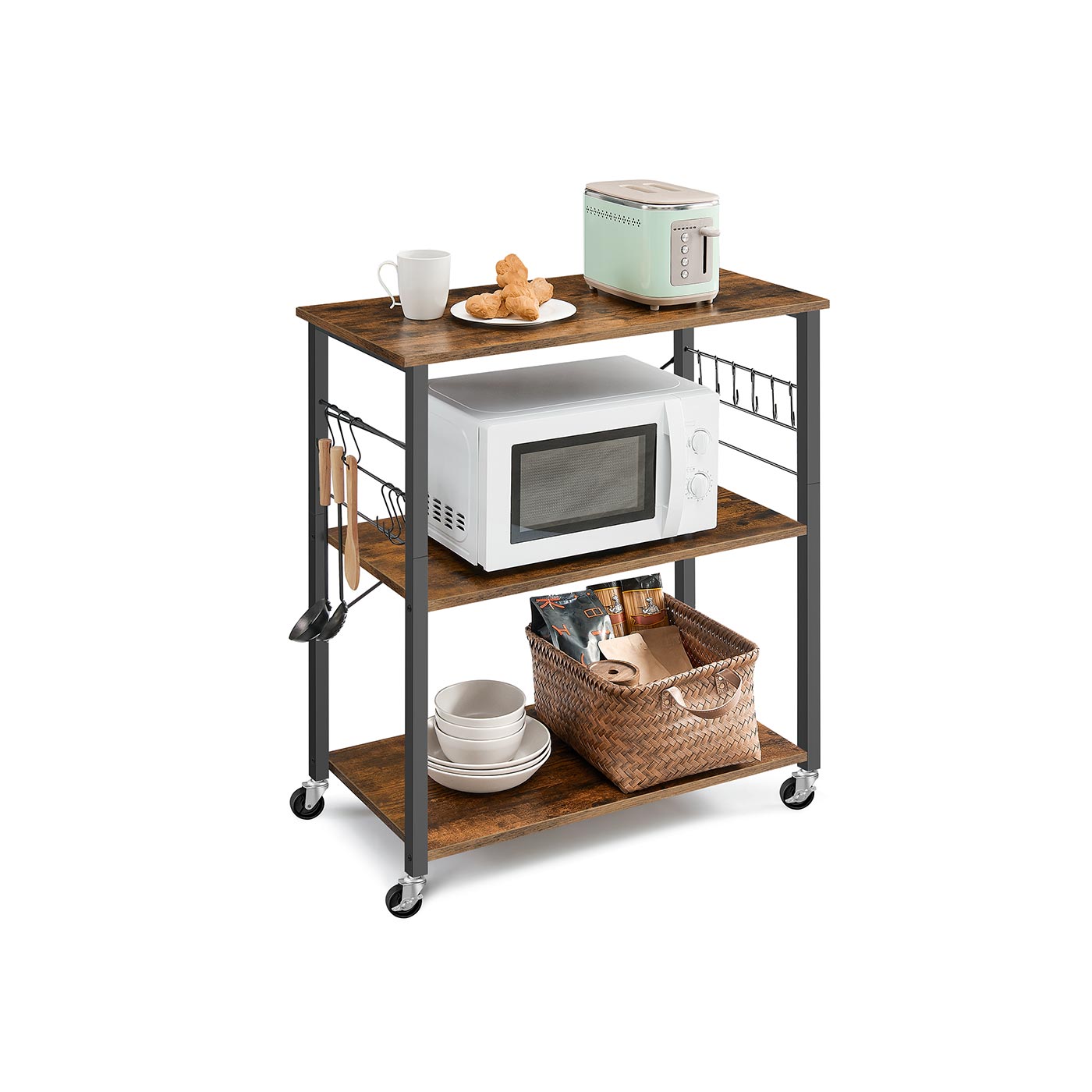 Serving Trolley - 3 Shelves with Hooks - Metal - Rustic Brown