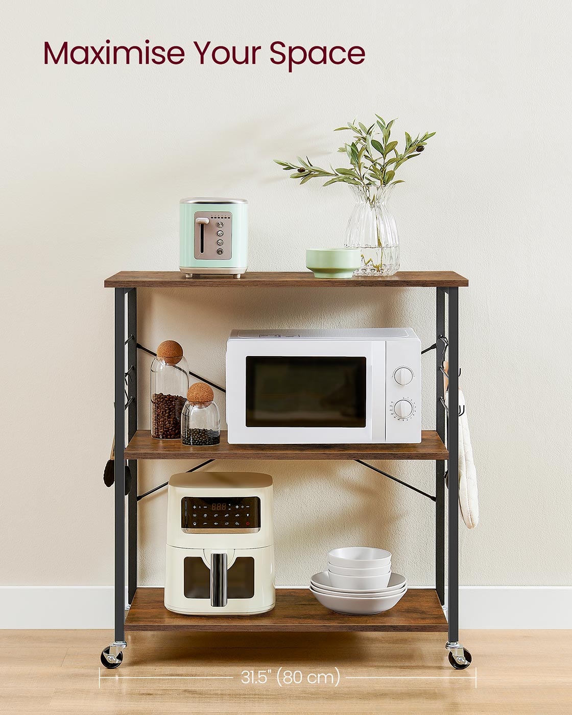Serving Trolley - 3 Shelves with Hooks - Metal - Rustic Brown