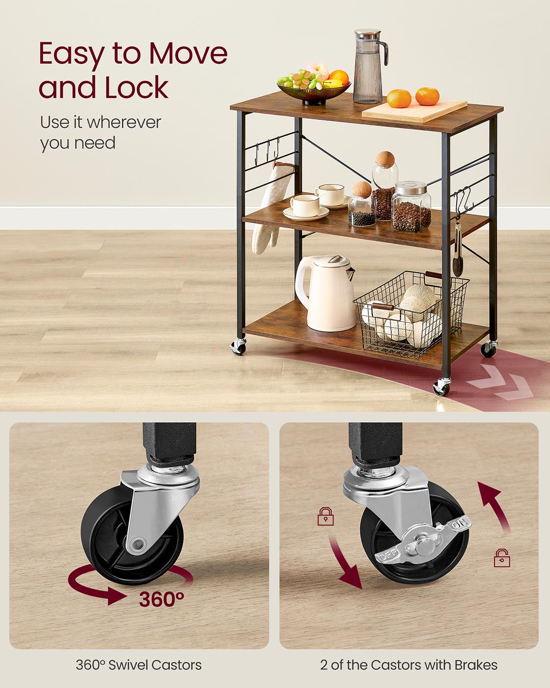Serving Trolley - 3 Shelves with Hooks - Metal - Rustic Brown
