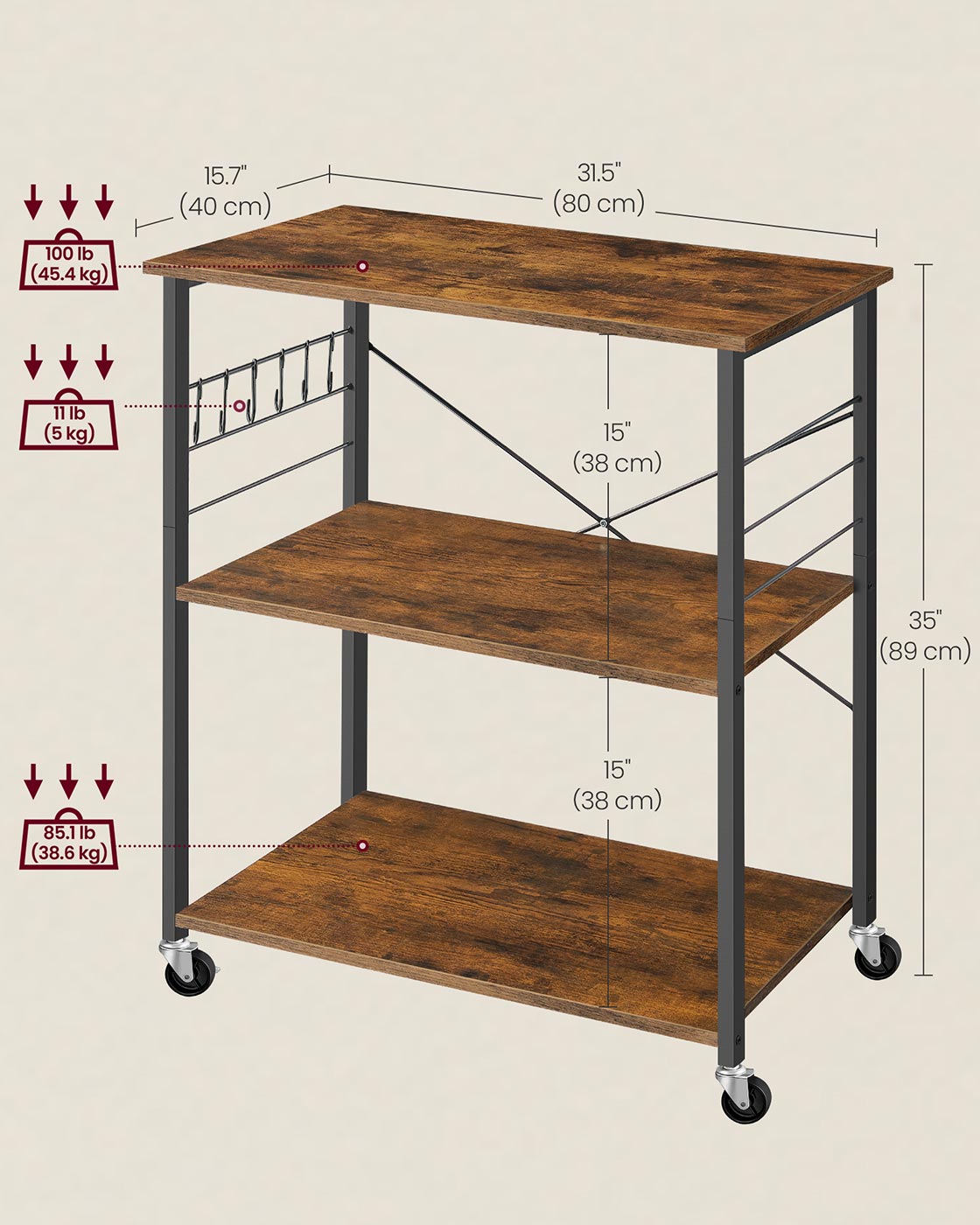Serving Trolley - 3 Shelves with Hooks - Metal - Rustic Brown