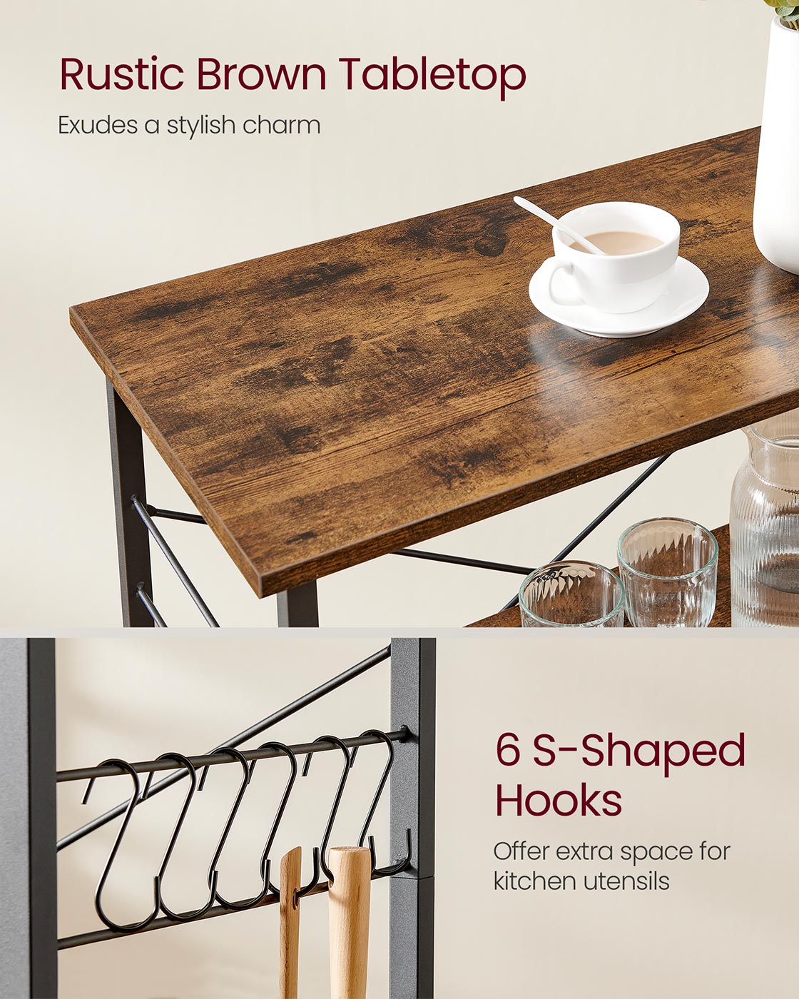 Serving Trolley - 3 Shelves with Hooks - Metal - Rustic Brown