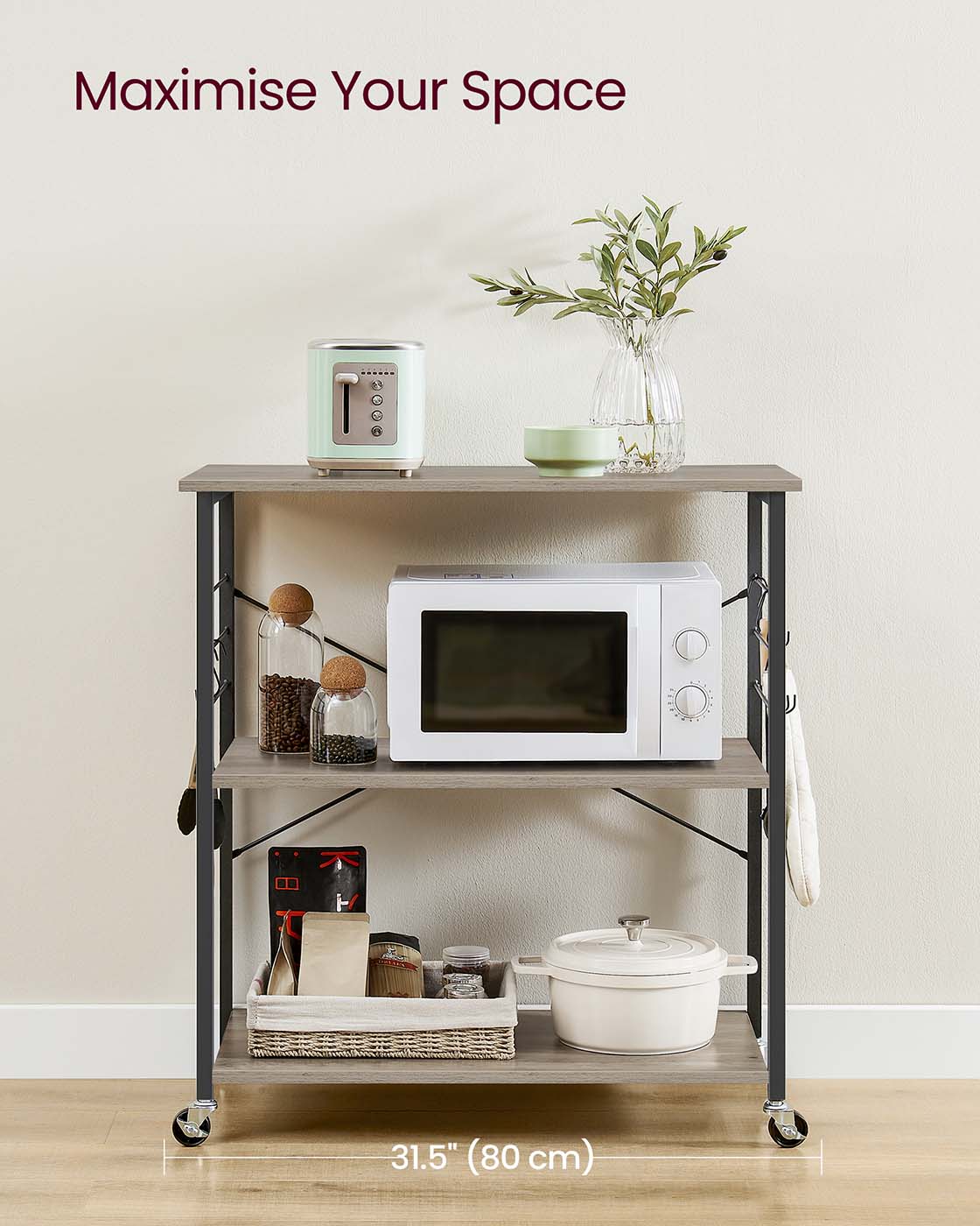 Kitchen Serving Trolley - 3 Shelves with Hooks - Metal - Heather Greige