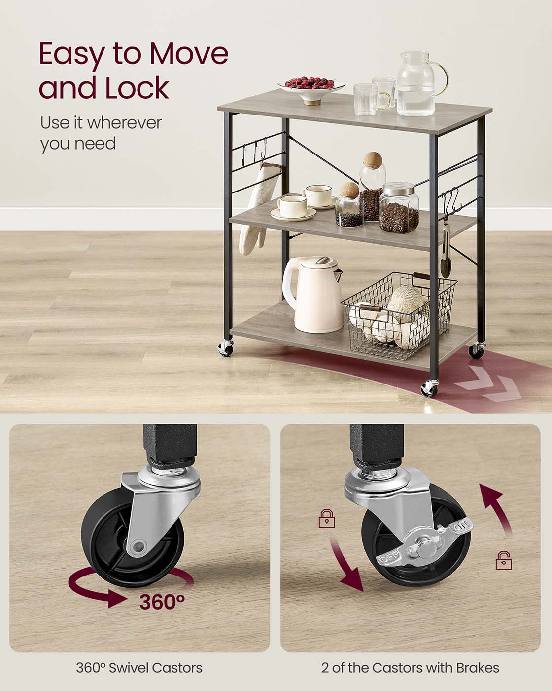 Kitchen Serving Trolley - 3 Shelves with Hooks - Metal - Heather Greige