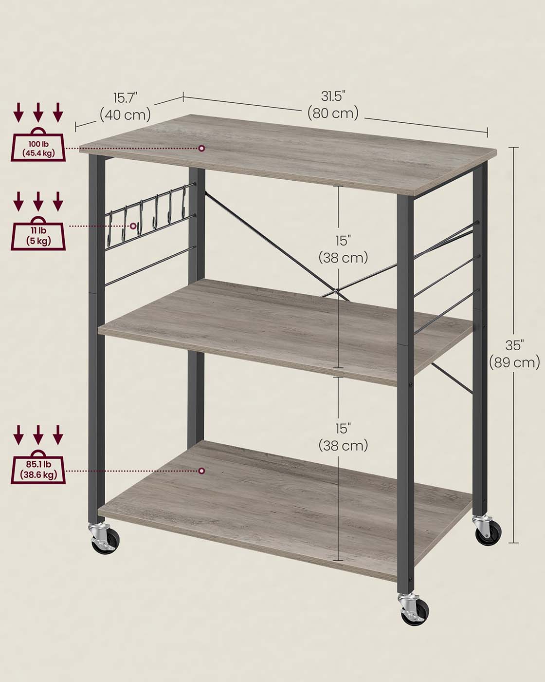 Kitchen Serving Trolley - 3 Shelves with Hooks - Metal - Heather Greige