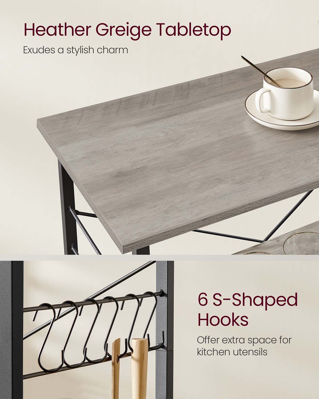 Kitchen Serving Trolley - 3 Shelves with Hooks - Metal - Heather Greige