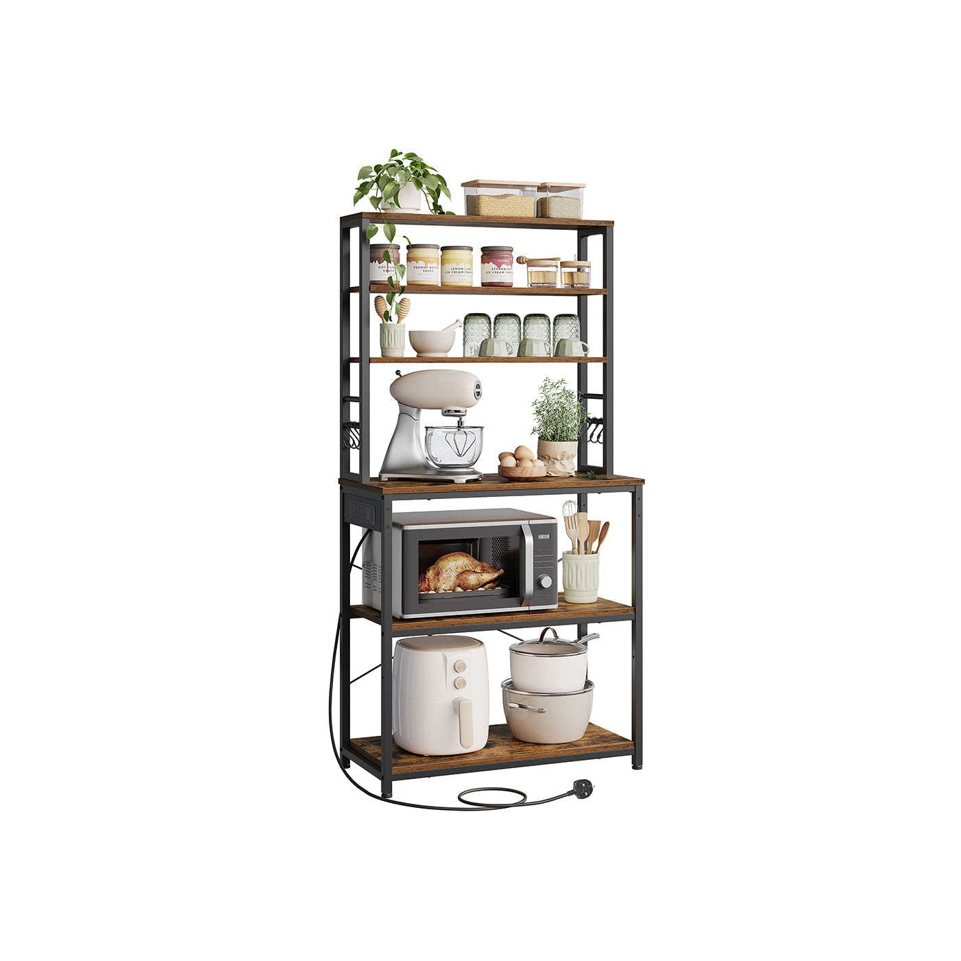 Baker's Rack - Wood - Rustic Brown - Multi-Tier with Power Outlet and Hooks