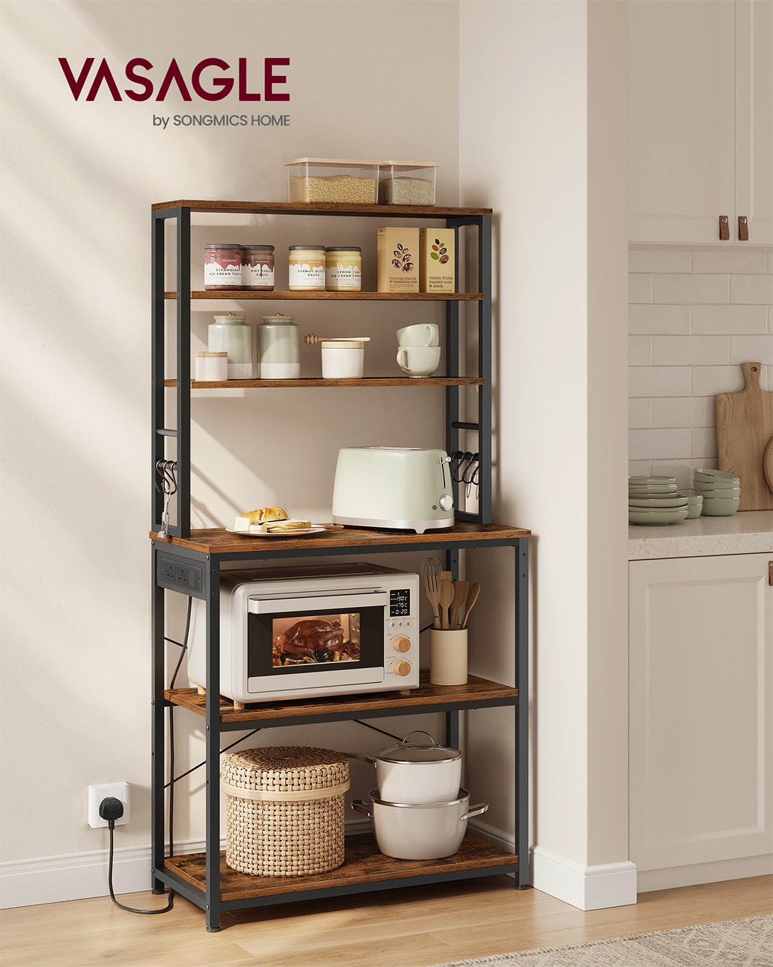Baker's Rack - Wood - Rustic Brown - Multi-Tier with Power Outlet and Hooks