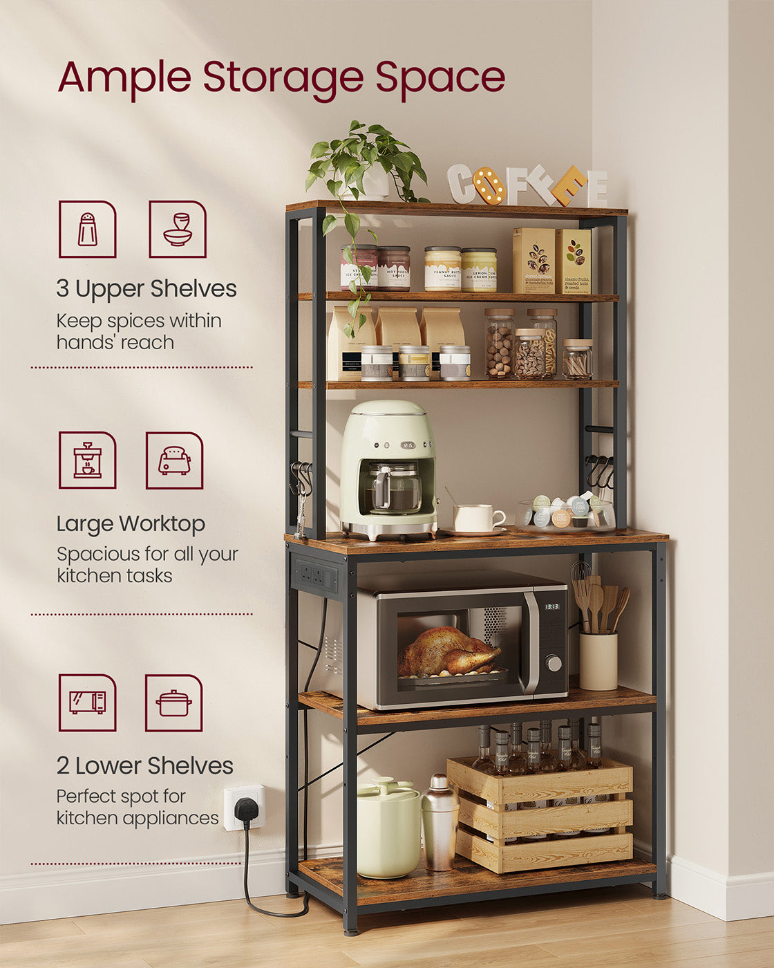 Baker's Rack - Wood - Rustic Brown - Multi-Tier with Power Outlet and Hooks